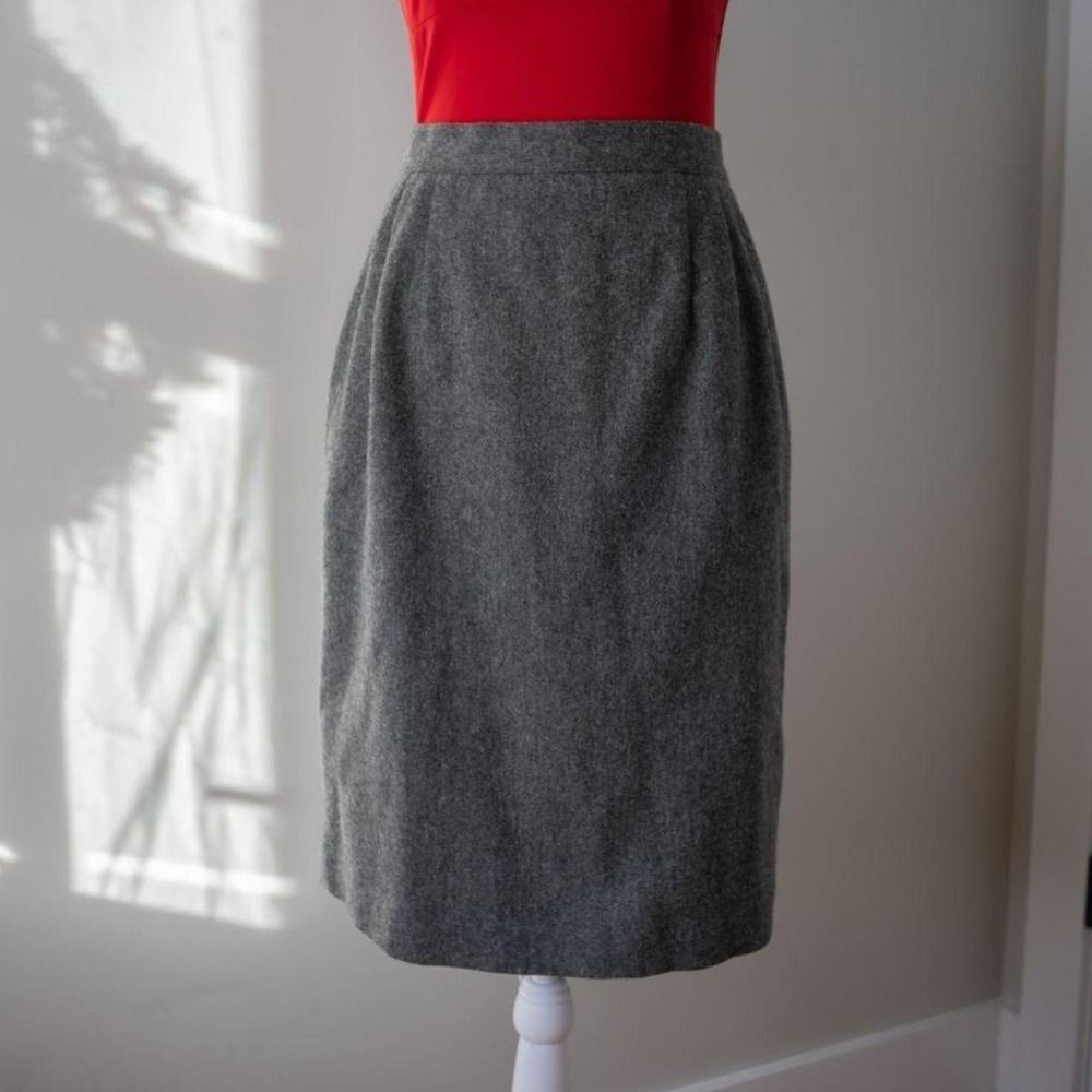 Vintage Gray Wool Women's Classic Preppy Business Office Pencil Midi Skirt